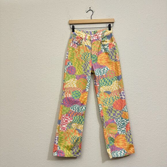 THE RAGGED PRIEST Sensory Dad Jeans Colorful Checkered Hippie Retro - Picture 1 of 16